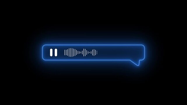 Mouse cursor clicking play button on glowing blue neon voice message bubble animation, chat interface audio note with expanding waveform spectrum on black background.