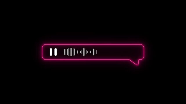 Mouse cursor clicking play button on glowing blue neon voice message bubble animation, chat interface audio note with expanding waveform spectrum on black background.