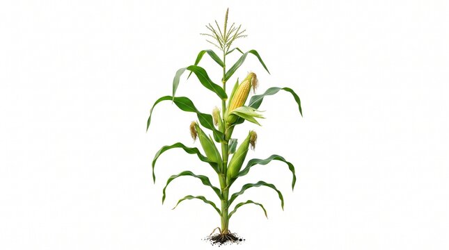 Organic corn plant with ripe yellow cobs, green maize stalk with leaves and roots, agricultural crop for farming and food production concepts isolated PNG with Transparent Background