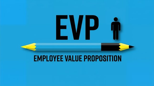 The text EVP Employee Value Proposition appears in black lettering above a large blue pencil icon featuring a small black human figure silhouette next to the bold capital letters on blue