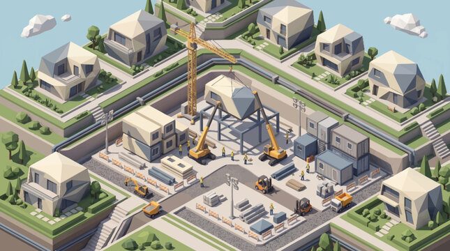 Isometric construction site with cranes and buildings under development.