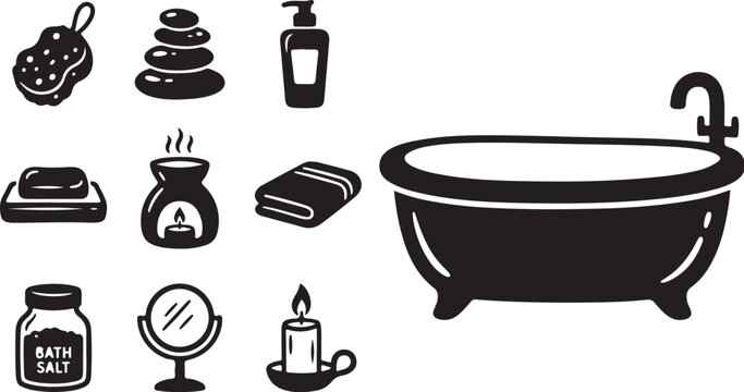 Relaxing Bathroom Essentials and Spa Items Illustration Set