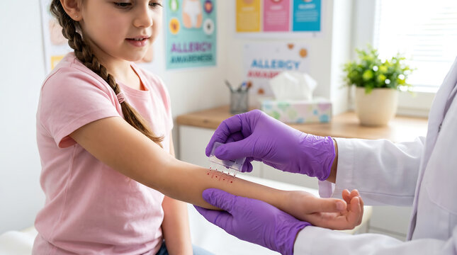 doctor in purple gloves performing allergy skin prick test on little girls arm using a multi test applicator device in a bright pediatric medical clinic office