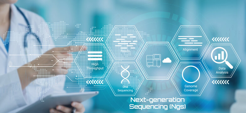 Medical professional using digital interface showcasing next generation sequencing technology process steps