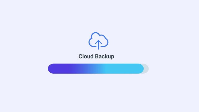 Minimal cloud backup animation with cloud icon and gradient progress bar, showing digital data synchronization and storage workflow in a clean interface.