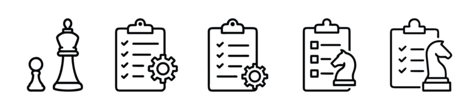 Set of chess strategy and planning icons, including chess pieces, clipboard with checklist and gear symbols for business management and tactical decision making