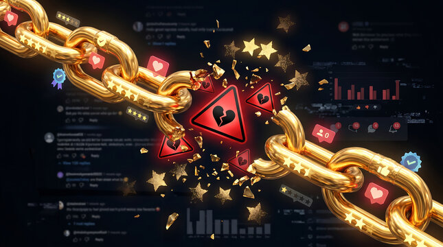 broken gold chain snap concept with red broken heart warning signs exploding stars and social media interface layout toxic internet culture and online hate speech concept