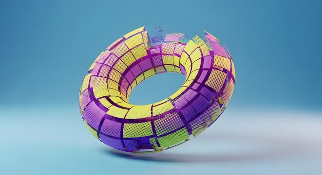 Abstract 3D toroid ring with broken fragments. Digital destruction and futuristic structural failure. Geometric object with a halftone texture and vibrant purple and yellow color scheme
