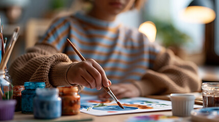 Fototapeta premium A close up of European child hands paints soft watercolors on a bright art paper during a calm creative session in soft daylight watercolor art faceless detail softly