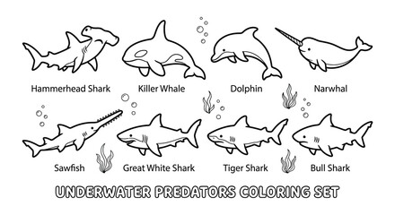 Underwater predators silhouette collection black vector shapes on white background © Nayem