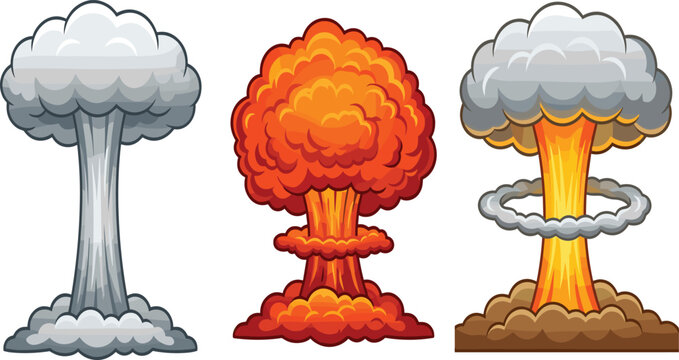 Cartoon Mushroom Cloud Explosion Set &ndash; Comic Style Atomic Blast Illustration in Gray and Orange