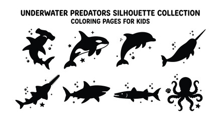 Underwater predators silhouette collection black vector shapes on white background © Nayem