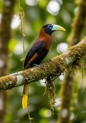 Obraz premium Exotic Plate-billed Mountain-Toucan Bird Resting on a Mossy Tree Branch in Lush Rainforest