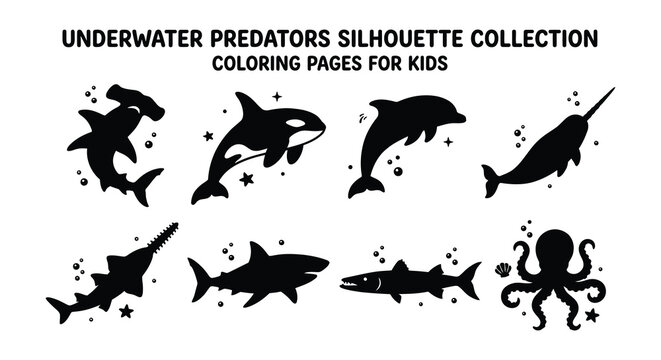 Underwater predators silhouette collection black vector shapes on white background