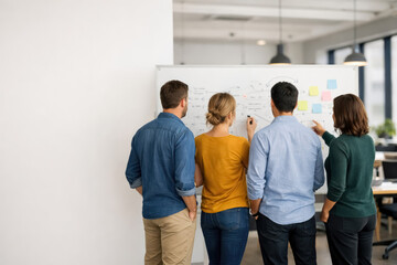 Obraz premium Four colleagues standing in a bright office looking at a whiteboard with sticky notes and diagrams while collaborating on a project during a meeting