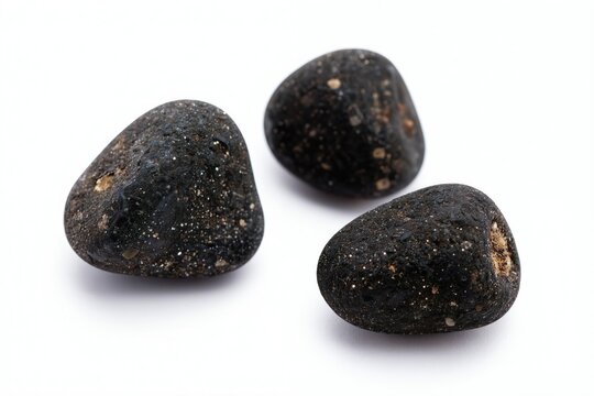 Three rough dark tektite stones with visible inclusions sit on a clean white surface. These natural volcanic glass objects show texture and speckles. Objects are isolated and ready for use.