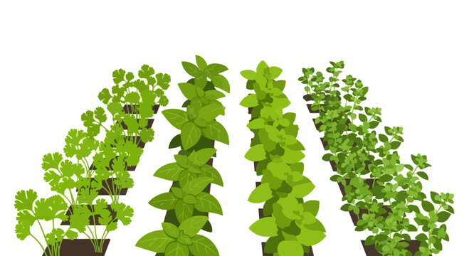 Rows of Fresh Green Herbs - Parsley, Basil, Oregano, Mint - Garden Illustration