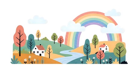 Fototapeta premium Idyllic countryside landscape with rolling hills and a rainbow. Rural lifestyle, nature scenery and peaceful environment. Small white houses nestled in a lush green valley with flowers