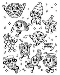 Retro cartoon food mascot set. Rubber hose style line art characters. Vintage 1930s animation snacks. Pizza taco and sweets vector illustration. © DandiPdn
