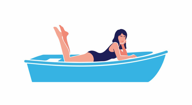 Woman in a swimsuit relaxing in a blue boat with legs up