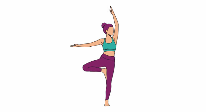 Woman in a turquoise top and purple leggings performs a yoga tree pose