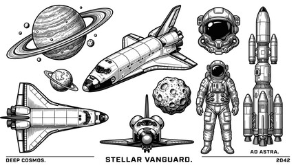 Vintage space exploration illustration set. Engraving style astronaut, space shuttle, and planets. Retro cosmic line art. Stellar vanguard design. © DandiPdn