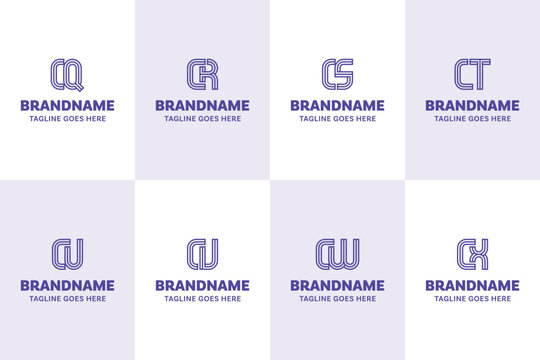 Letters CQ CR CS CT CU CV CW CX Line Logo Set, for QC RC SC TC UC VC WC XC Initials