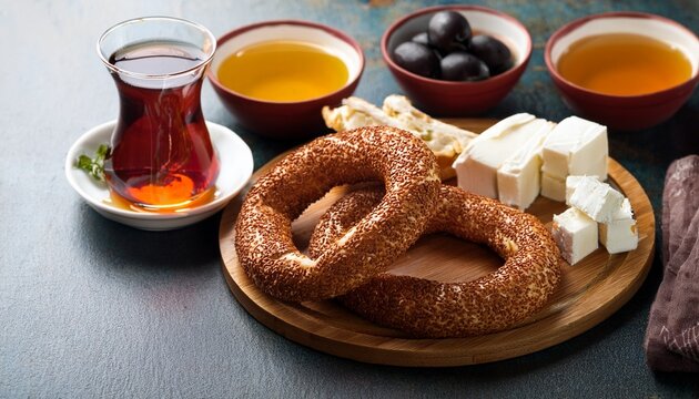 traditional turkish breakfast spread with simit bread rings olives feta cheese honey and black tea