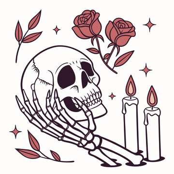 Skeleton with roses and candles a detailed vector illustration with a muted color palette anatomy bone