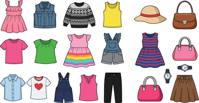 Kids and Girls Fashion Clothing Set &ndash; Cute Children's Outfit Illustration with Dresses, Tops and Accessories