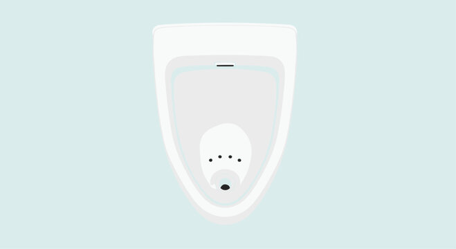 Overhead view of a modern white ceramic urinal with a sleek design isolated on a light blue background for plumbing.