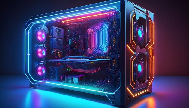 advanced gaming computer chassis with vibrant rgb lighting and holographic user interface projections
