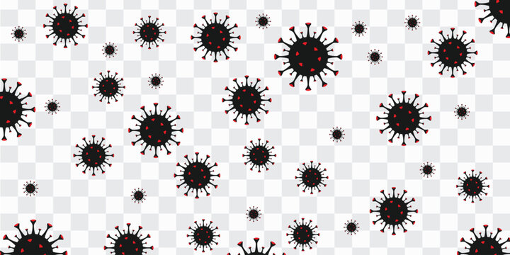 Seamless virus pattern vector with black and red germ icons on transparent background, ideal for medical posters, health infographics, science graphics and disease prevention designs.