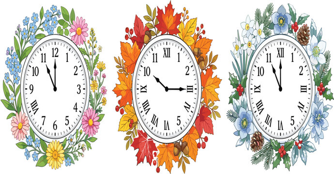 Seasonal Botanical Clock Trio &ndash; Decorative Floral Wall Clock Illustration with Spring Flowers, Autumn Leaves and Winter Botanicals