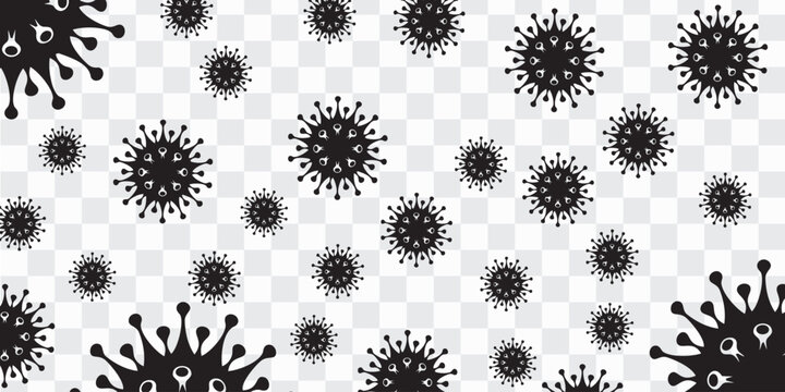 Seamless virus pattern vector with black germ icons on transparent background, ideal for health posters, medical infographics, science graphics, warning signs and disease prevention designs.