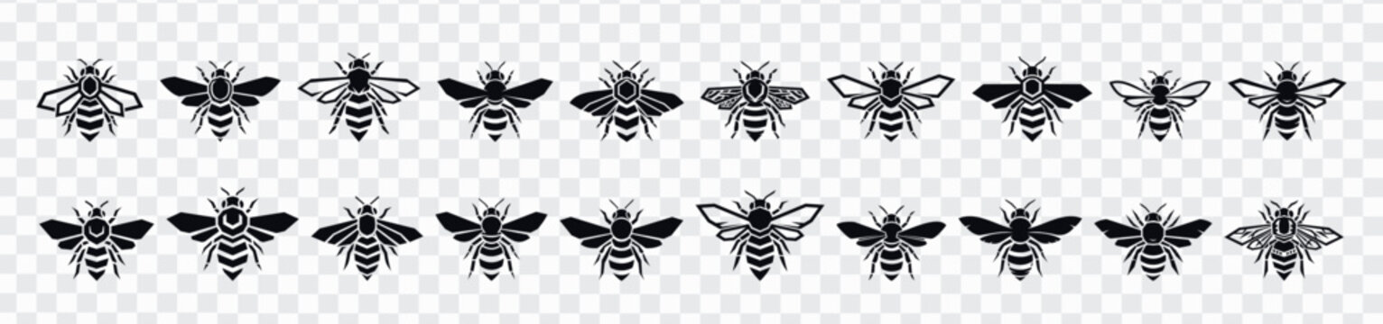 Set of bee silhouette vector icons with varied wing shapes and black insect designs on transparent background, ideal for honey logos, apiary branding, stickers, patterns and nature graphics.