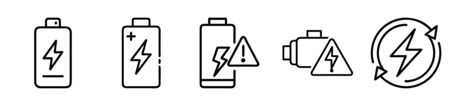 Set of battery icons, including charging, low battery, battery error, and energy recycling symbols, isolated on white background