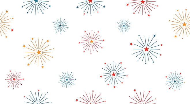 Seamless patriotic pattern of red and blue starburst fireworks on a white background for festive celebrations.