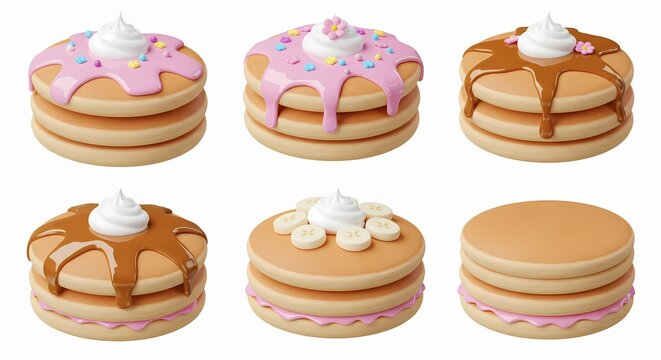 Assorted pancake stacks with pink glaze and cream toppings on white background