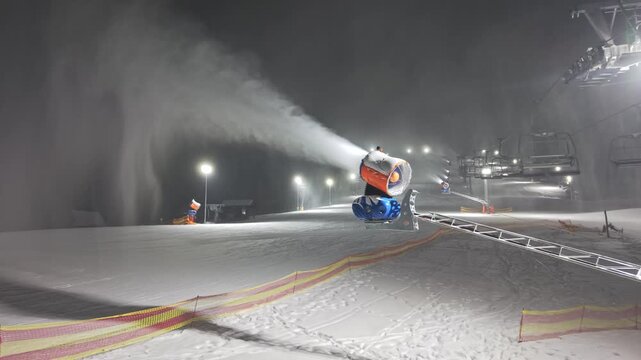 Snowslope Preparation Ongoing. Calm Evening Operations With Groomer Near Snow Cannon And Swirling Fog