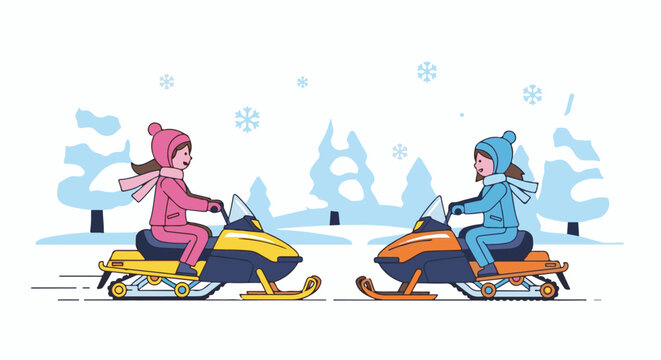 Two children enjoy a snowy day on snowmobiles