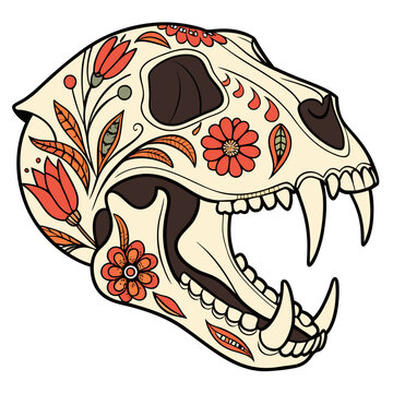 Jaguar skull with floral ornamentation and decorative elements a vector illustration on a white background animal