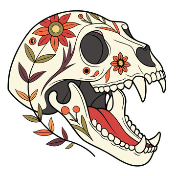 Jaguar skull illustration with floral ornaments and vibrant marigold flowers on a white background animal bone