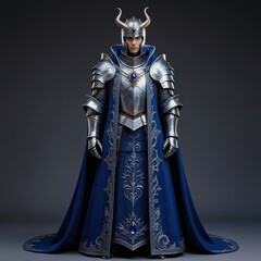 Fototapeta premium Man wears ornate silver armor with horned helmet and blue robe. Regal figure stands looking forward. Fantasy character concept art for game or film.