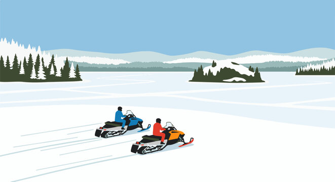 Two people ride snowmobiles across a vast icy landscape under a blue sky