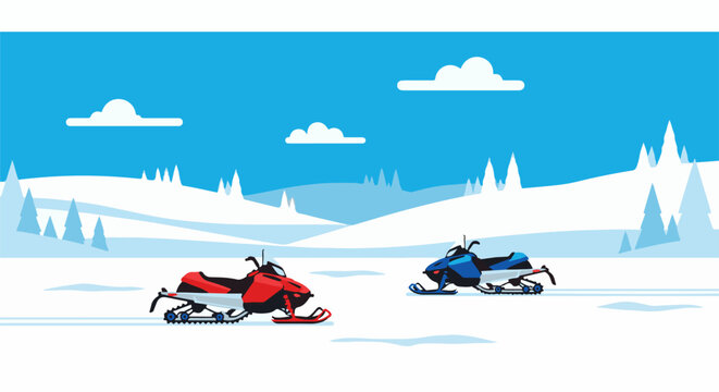 Two snowmobiles race across a winter landscape under a blue sky