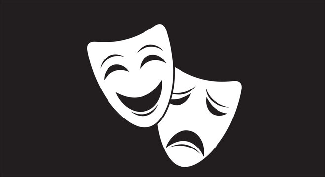 Classic white comedy and tragedy theater masks isolated on a black background representing drama and performance.