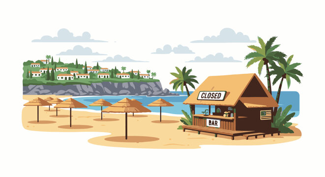Tropical beach scene with a closed bar, umbrellas, and distant village
