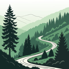 Green mountain landscape with winding road and coniferous trees a detailed vector illustration alpine ascent backdrop © md razab 1122