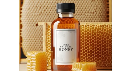 Amber glass bottle of natural oil on woven basket with citrus fruits in warm sunlight